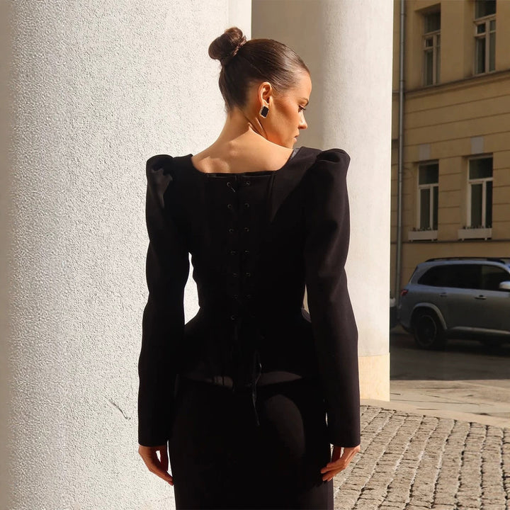 Women's Tailored Corset Blazer Top with Square Neckline, Peplum and Emphasized Shoulders Mune Fashion