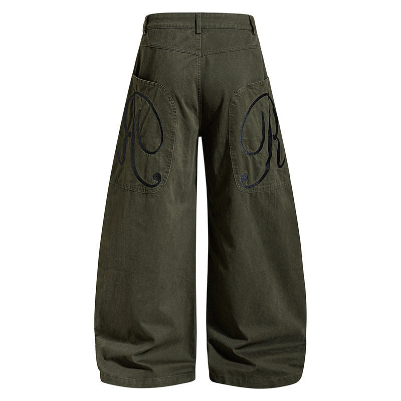 Women's Wide Denim Palazzo Pants with Balloon Hem and Attached Logo Pockets Mune Fashion