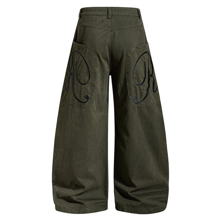 Women's Wide Denim Palazzo Pants with Balloon Hem and Attached Logo Pockets Mune Fashion