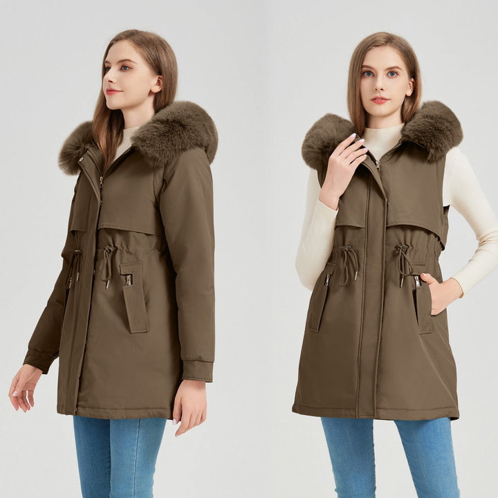 Women's Functional Parka with Removable Faux Fur Collar and Waist Drawstring Mune