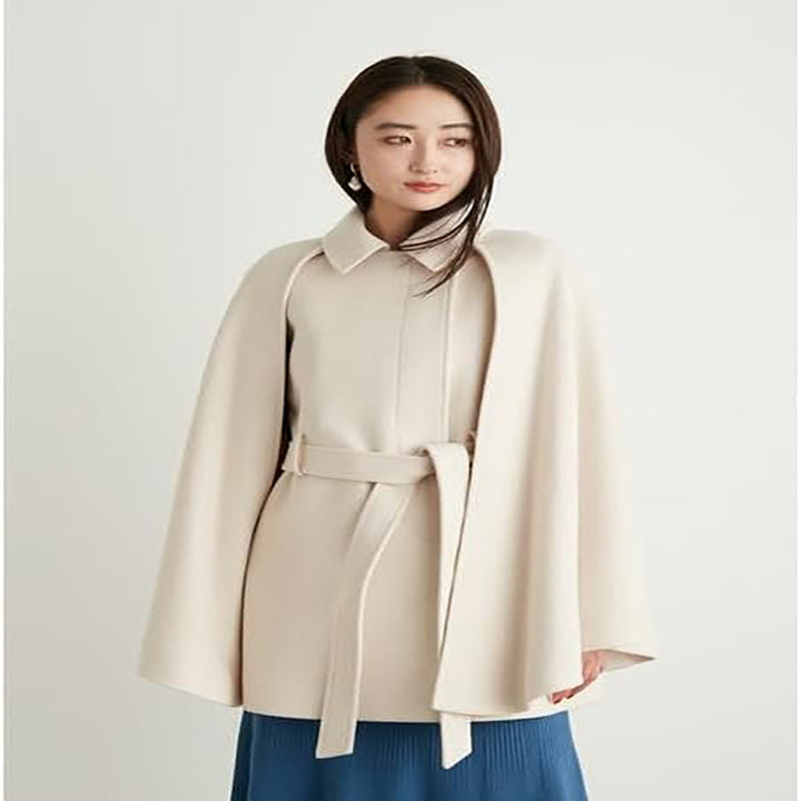 Women’s short cape coat in blazer style with belt and shirt collar Mune Fashion