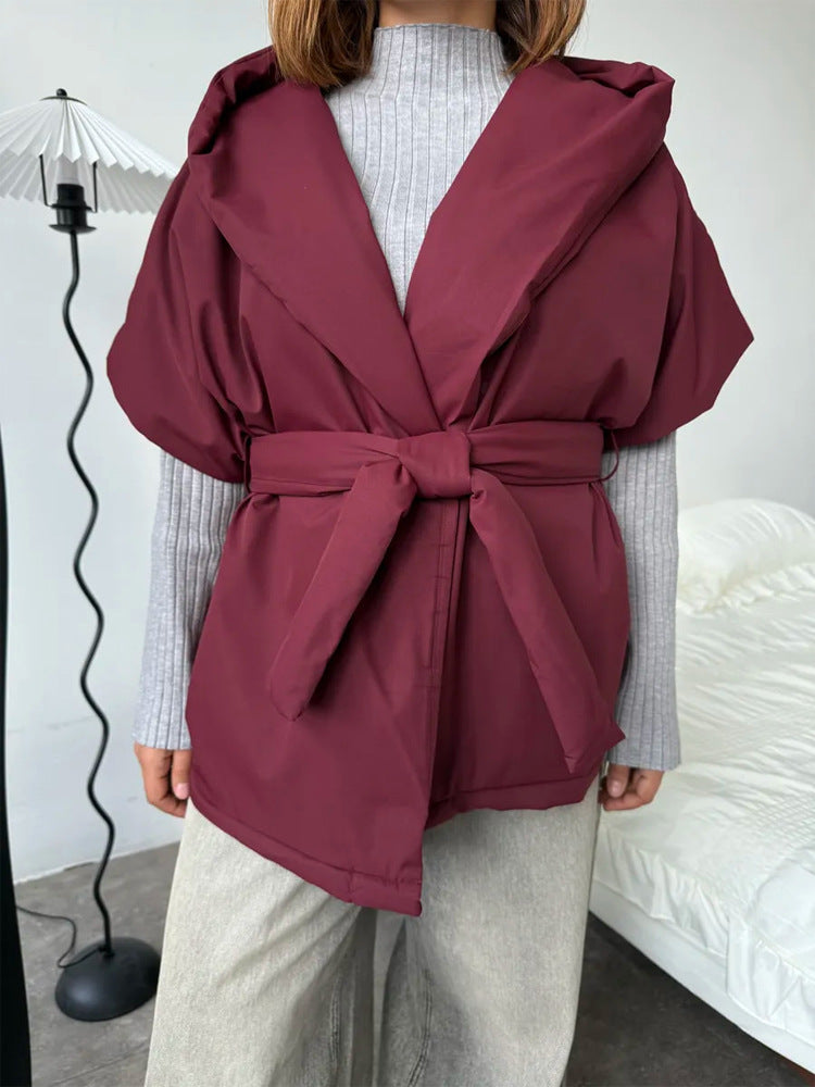 Ladies sleeveless quilted hooded vest with waist tie belt Mune Fashion