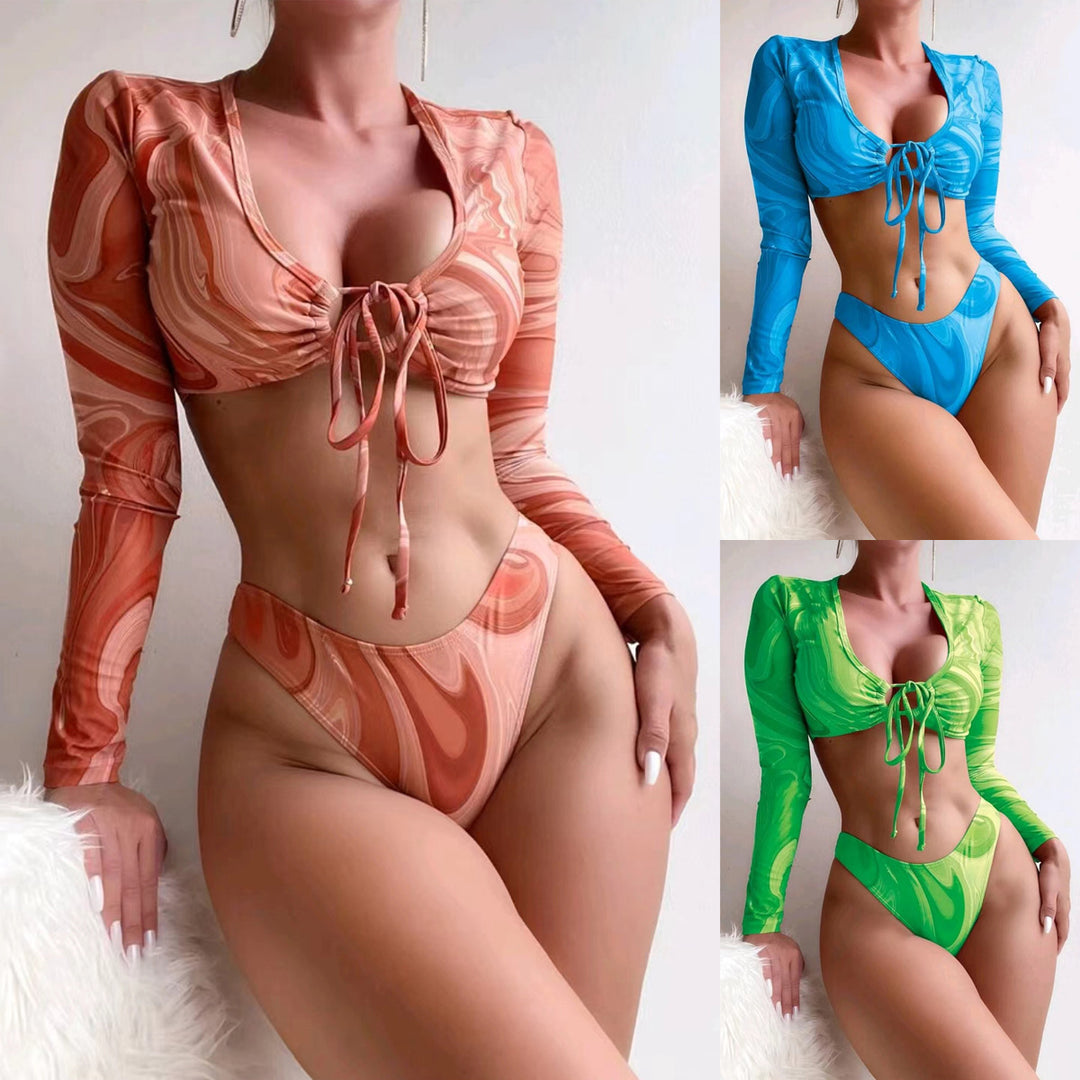 Women's Surf Bikini Set with Long Sleeve Crop Top and High Waisted Bottoms Mune Fashion