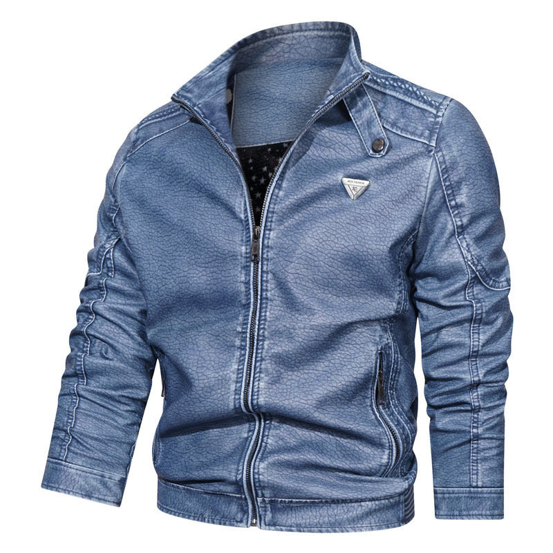 Men's faux leather jacket in vintage denim look with gathered sleeves and stand-up collar Mune Fashion