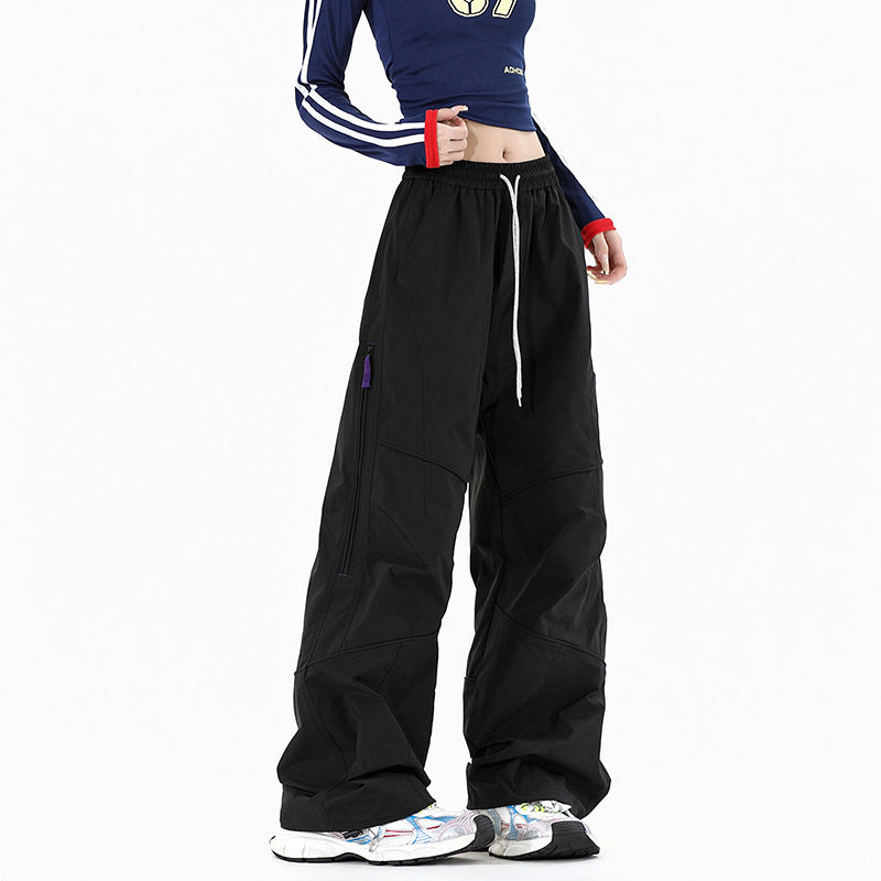 Women Wide Utility Cargo Pants with Elastic Waistband and Zipper Pockets Mune Fashion