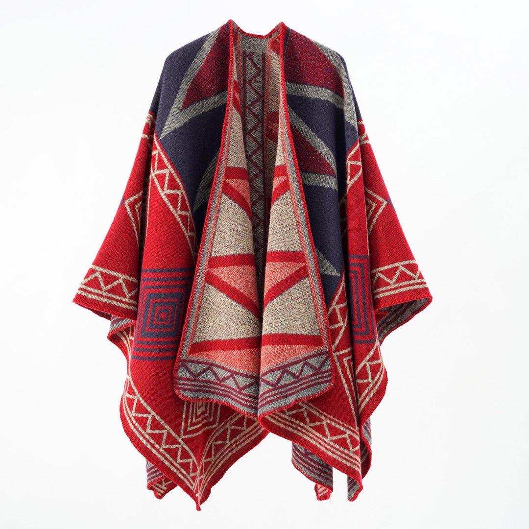 Women Geometric Wool Blend Overthrow Poncho with Overlock Edge Mune Fashion