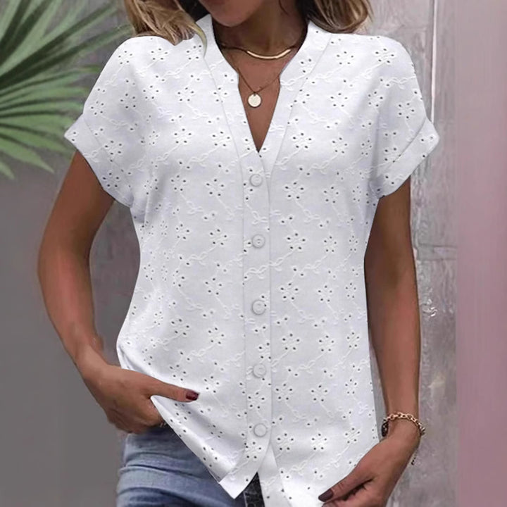 Women's light ajour lace blouse with V-neck, continuous button placket, and rolled short sleeves Mune Fashion