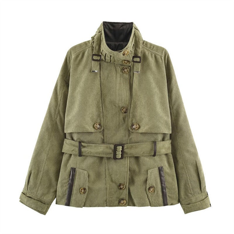 Women Short Cord Trench Coat with Waist Belt, Cape Detail and Stand Collar Mune Fashion