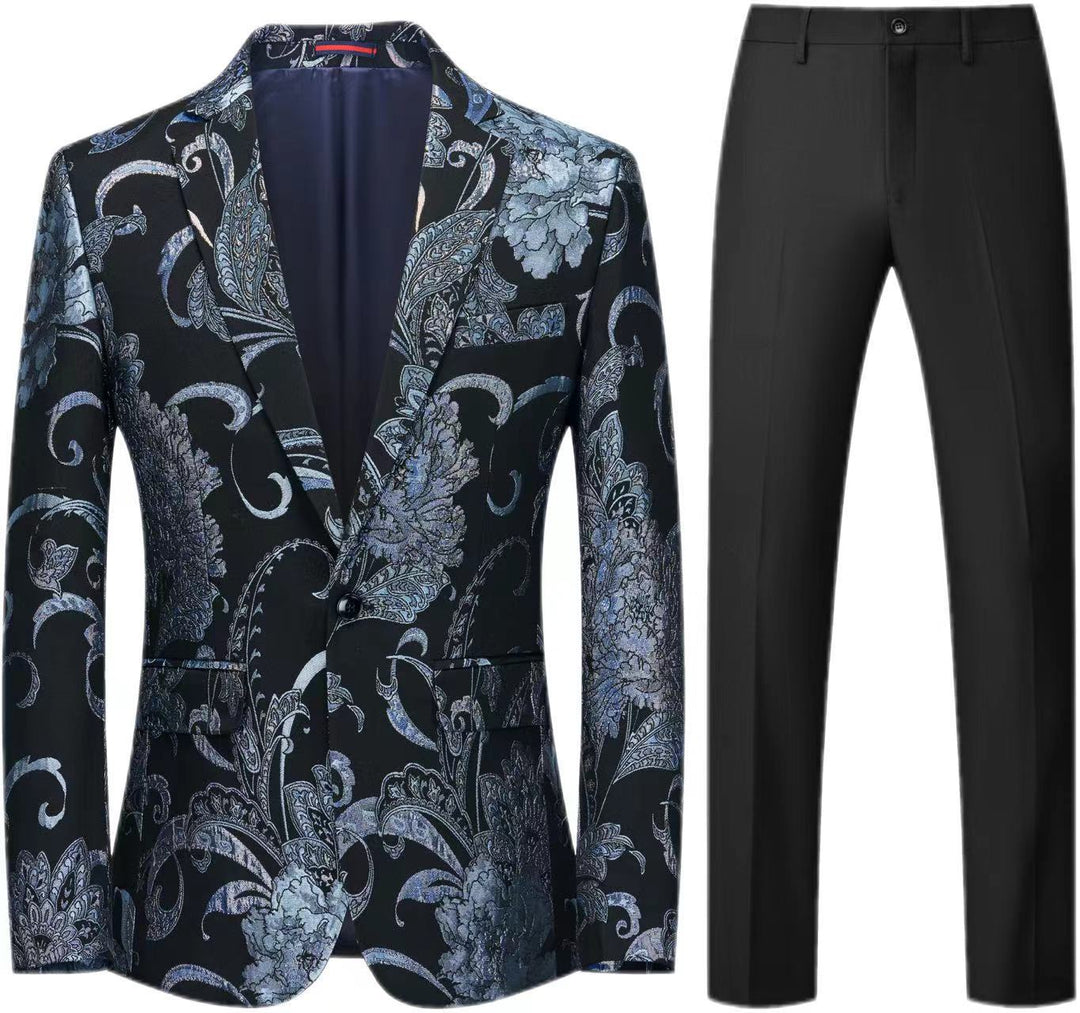 Women's Two-Piece Satin Jacquard Blazer with Floral Pattern and Tailored Fit as well as Slim Fit Suit Pants Mune Fashion