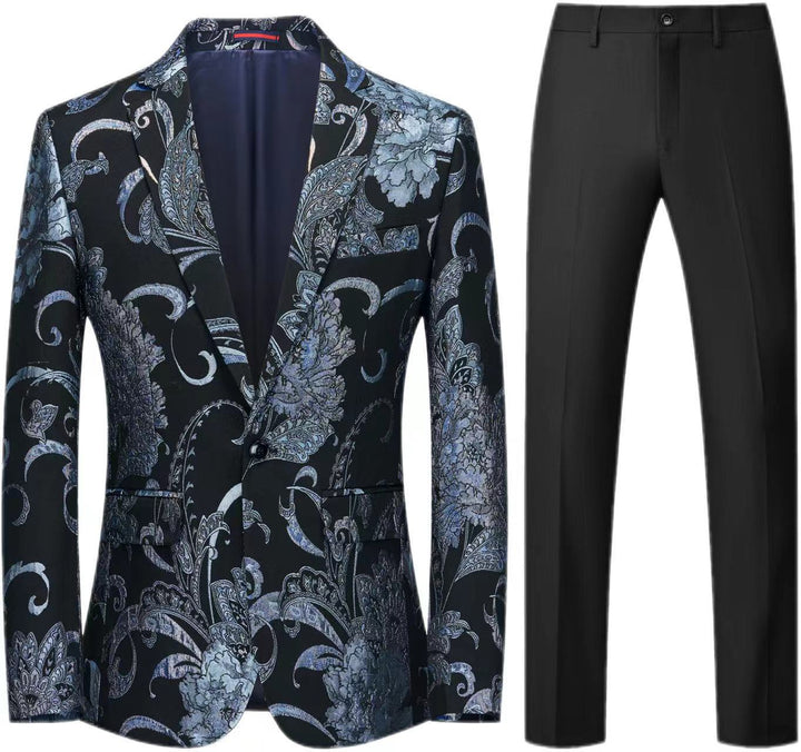 Women's Two-Piece Satin Jacquard Blazer with Floral Pattern and Tailored Fit as well as Slim Fit Suit Pants Mune Fashion