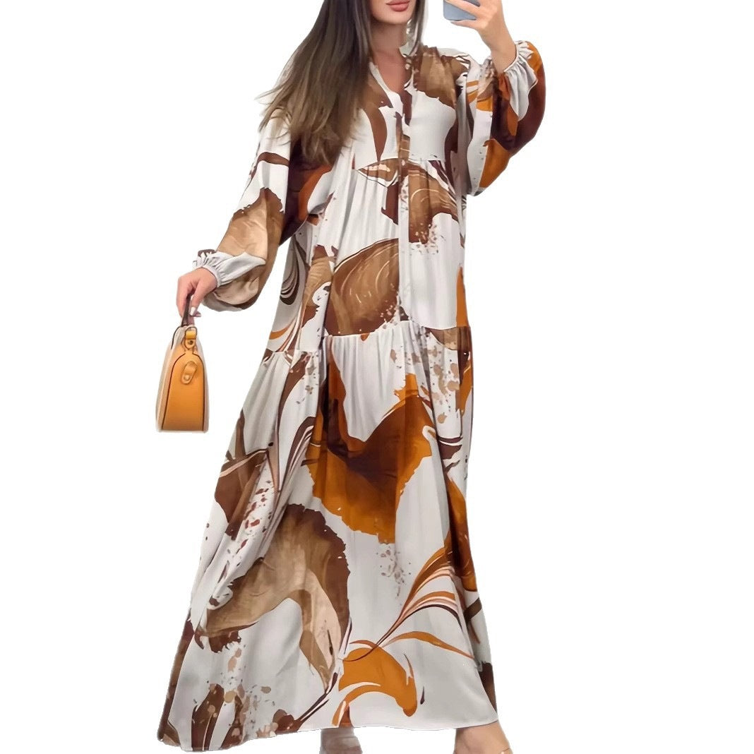 Women's Flowing Tiered Dress with Stand Collar, Balloon Sleeves and Button Placket Mune Fashion