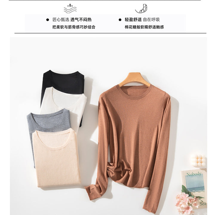 Women's Light Fine Knit Basic Shirt with Extra Soft Draping and Fine Rib Collar Mune Fashion