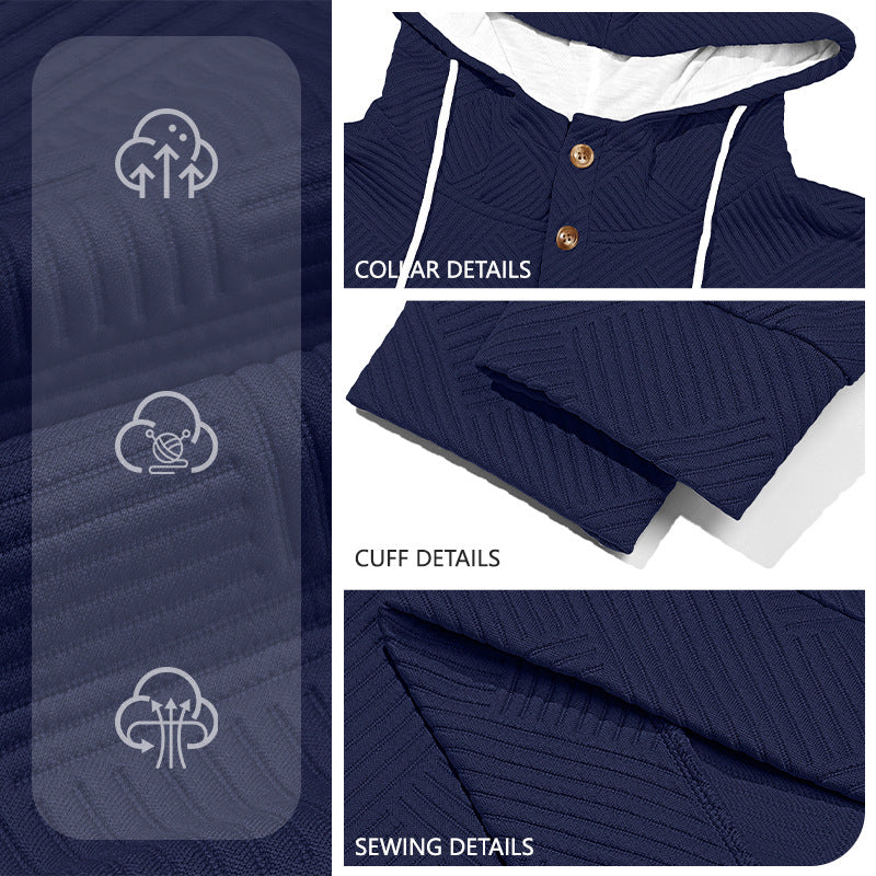 Men's structured hoodie henley pullover with jacquard texture, button placket, and elbow patches Mune Fashion