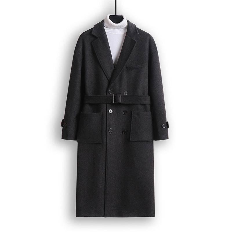 Men's Double-Breasted Wool Blend Long Coat with Notched Lapels and Flap Pockets Mune Fashion
