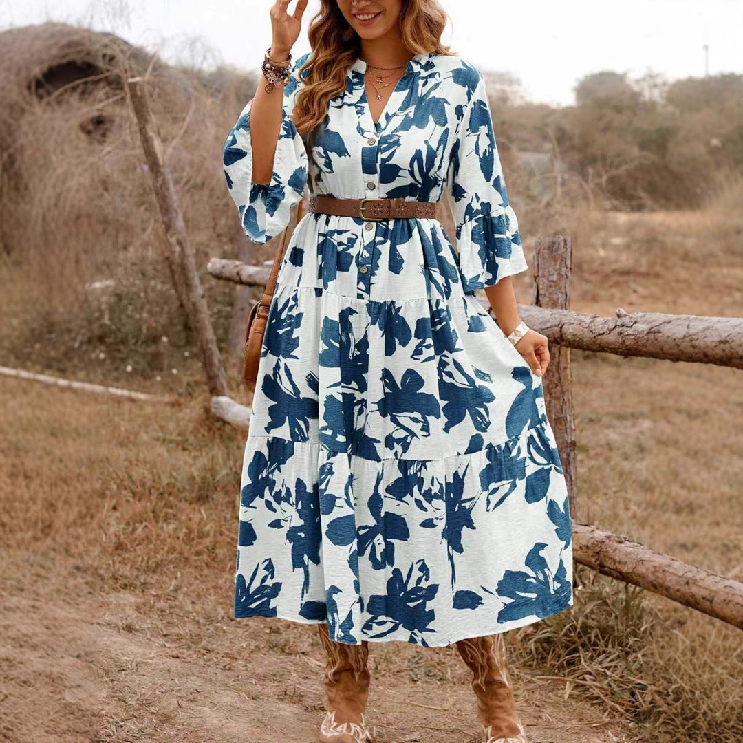 Women's Long Tiered Dress with V-Neck, Button Placket and Ruffled Sleeves Mune Fashion