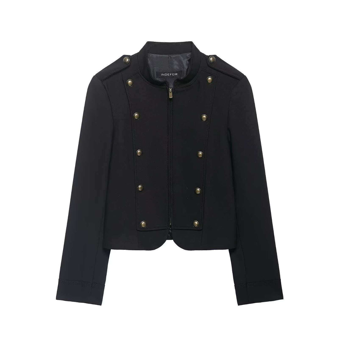 Women's cropped military jacket with stand-up collar and decorative ornamental buttons Mune Fashion