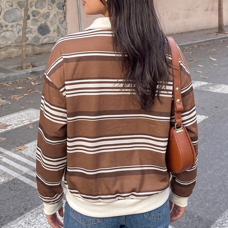 Women Striped Rugby Sweater with Polo Collar and Oversized Fit Mune Fashion