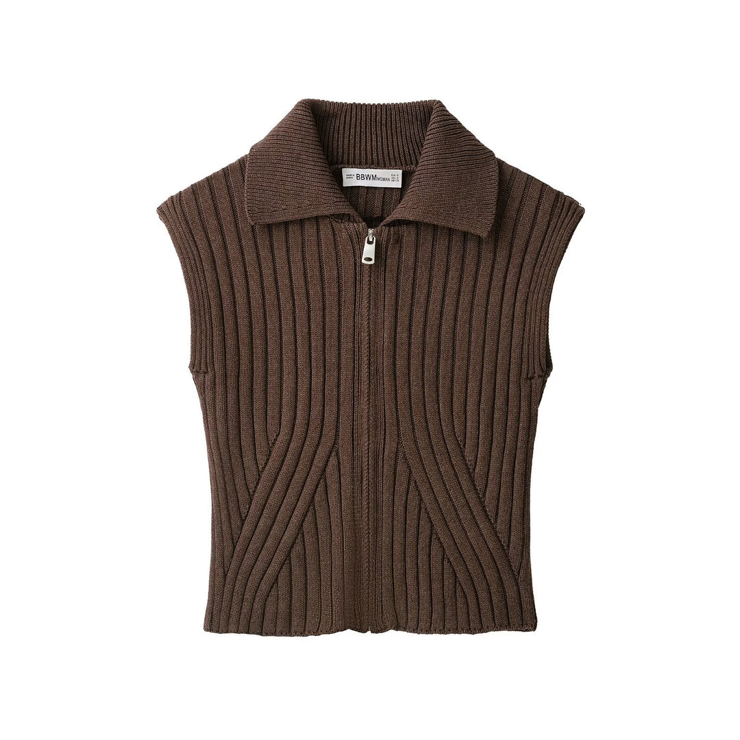 Women's Sleeveless Ribbed Knit Vest with Lapel Collar and Full Zipper Mune Fashion