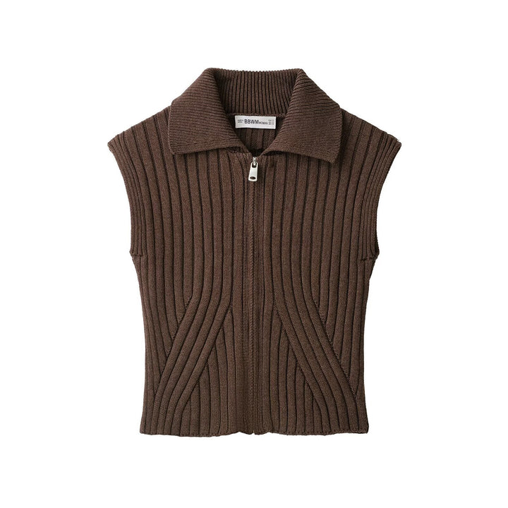 Women's Sleeveless Ribbed Knit Vest with Lapel Collar and Full Zipper Mune Fashion