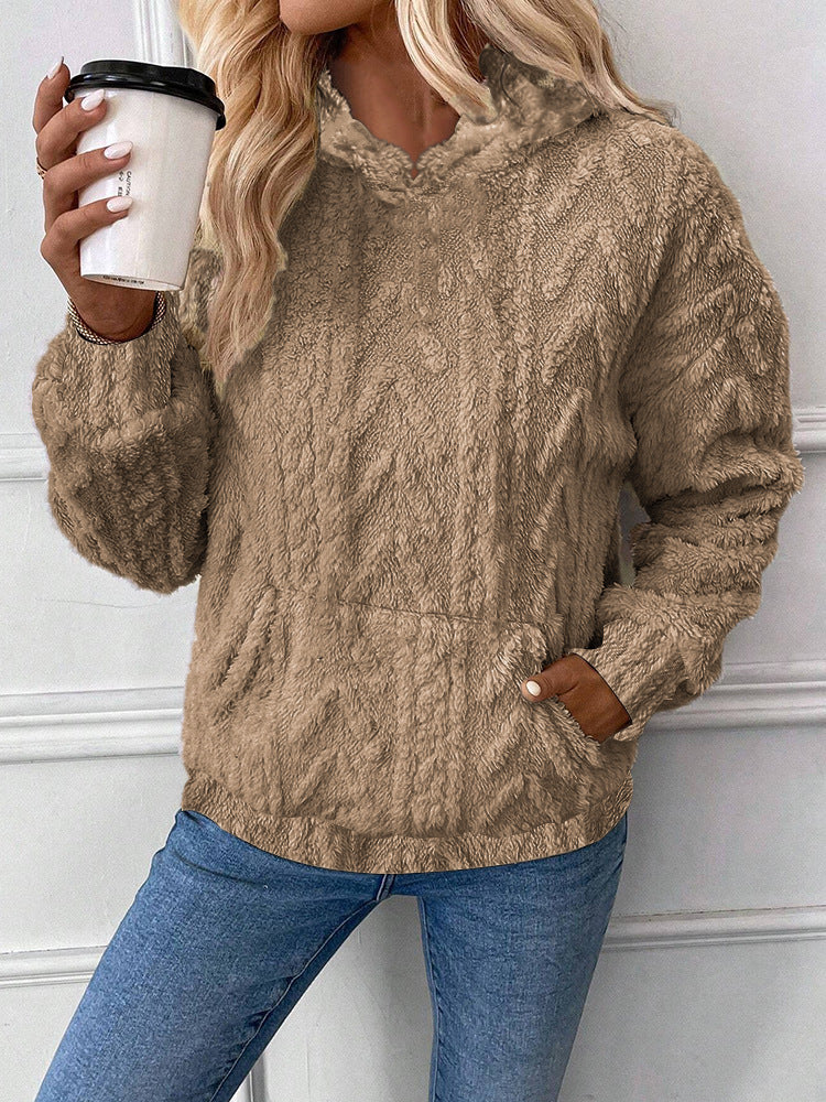 Women's cozy teddy fleece pullover with kangaroo pocket and light stand-up collar Mune Fashion