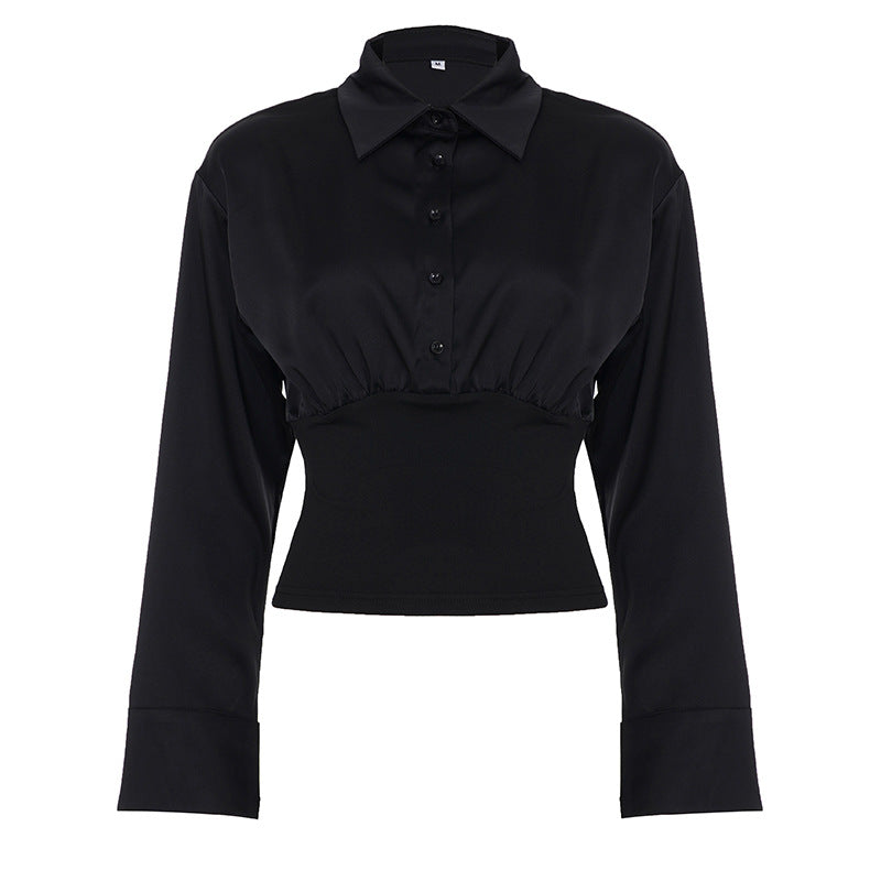 Women's fitted cropped blouse with shirt collar and wide stretchy waistband Mune Fashion