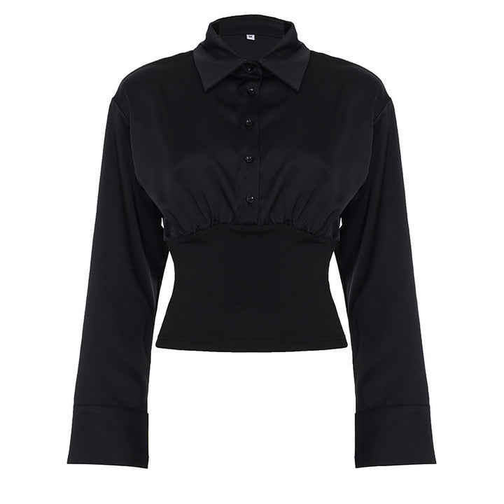 Women's fitted cropped blouse with shirt collar and wide stretchy waistband Mune Fashion