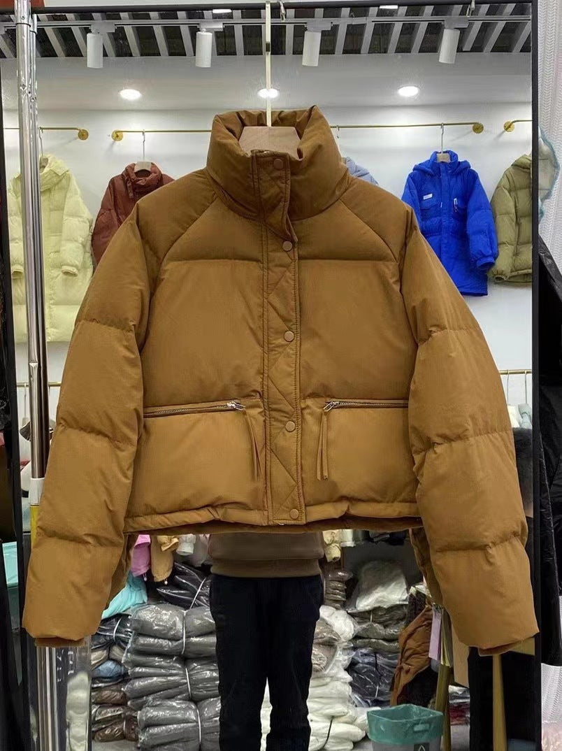 Women's Nan Cropped Puffer Jacket with High Stand-Up Collar, Concealed Front Placket, and Integrated Zip Pockets Mune Fashion