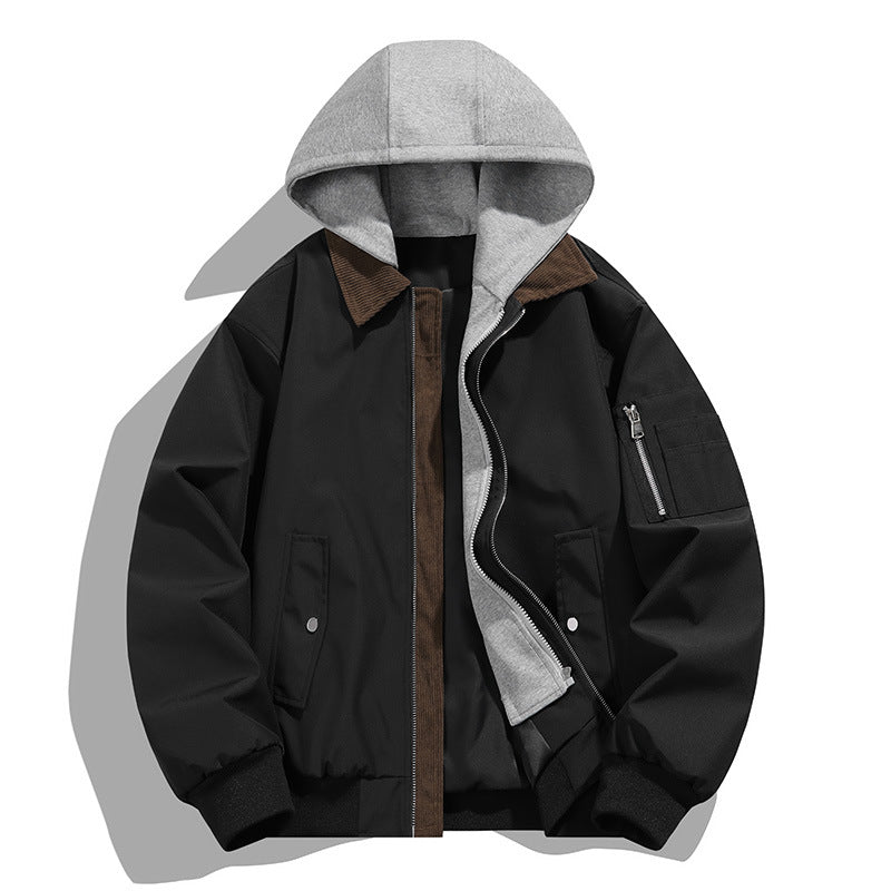 Men's casual leisure bomber jacket with内置 hood layer and cord stand collar Mune Fashion