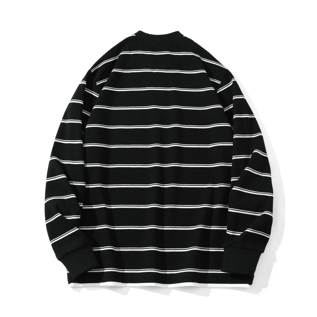 Unisex Striped Long Sleeve Sweatshirt with V-Notch and Waffle Texture Mune Fashion