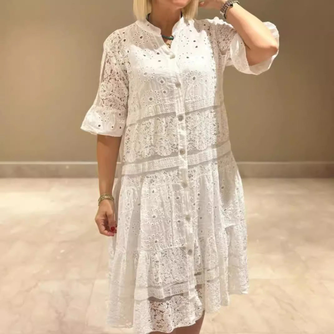 Women's romantic midi dress with broderie anglaise, buttoned top, stand-up collar, half-length flounce sleeves, and tiered hem Mune Fashion