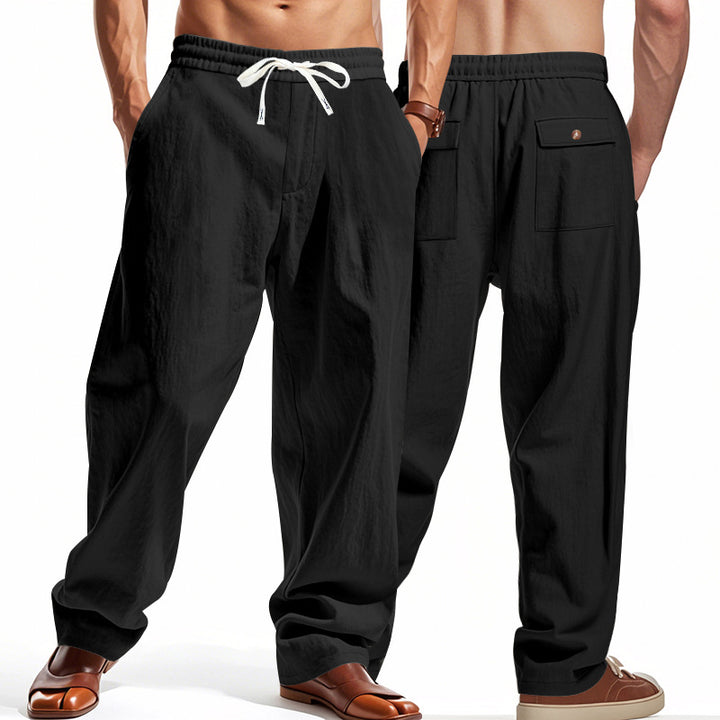 Men's wide comfort trousers in linen blend with elastic drawstring, straight leg, and patch back pockets Mune Fashion