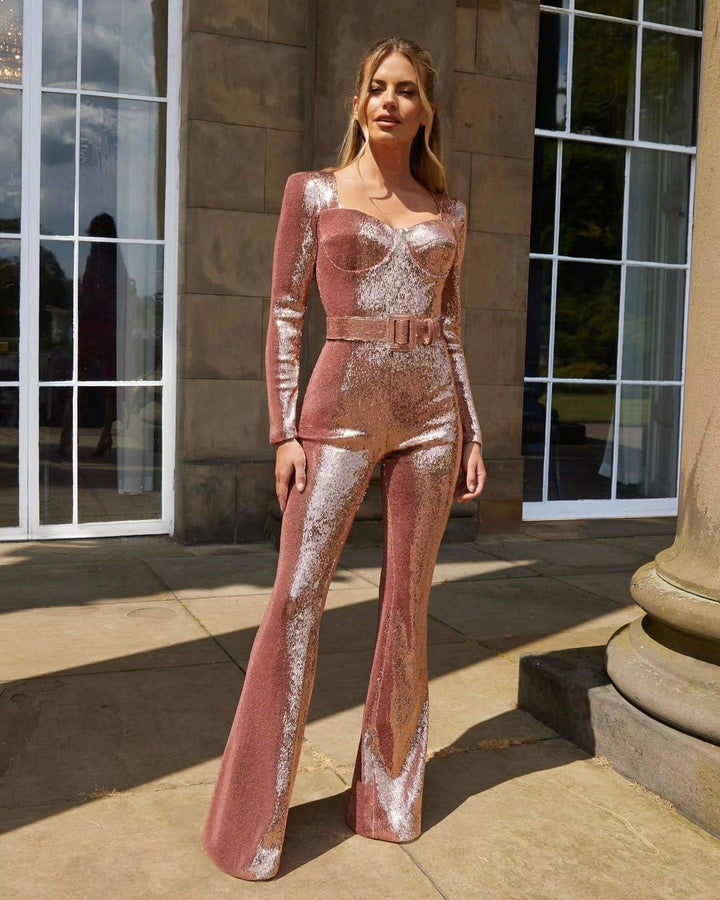 Ladies Glamorous Sequin Jumpsuit with Chic Waistline Mune
