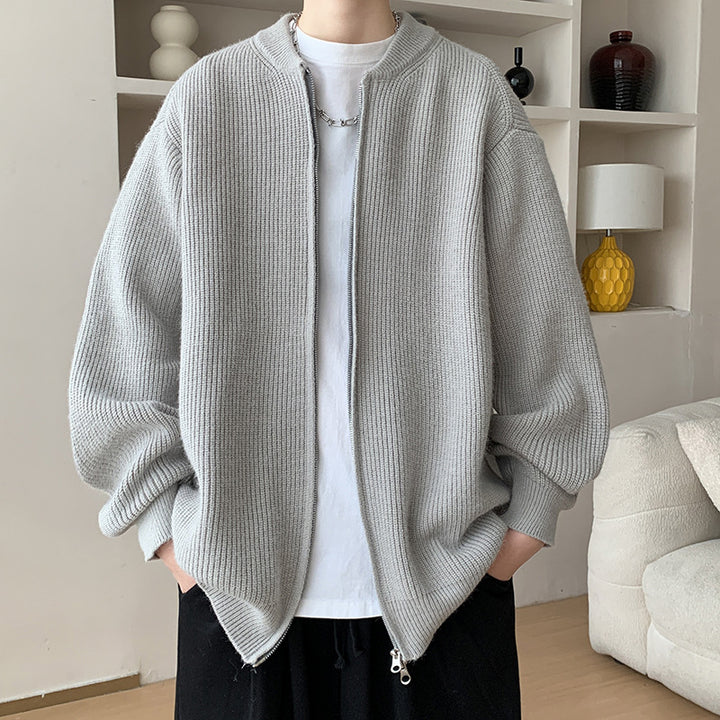 Unisex Oversize Ribbed Knit Cardigan with Two-Way Zipper and Minimal Stand Collar Mune Fashion