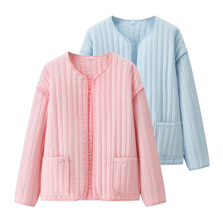 Women's quilted transitional jacket with round neckline, open front and patch pockets Mune Fashion