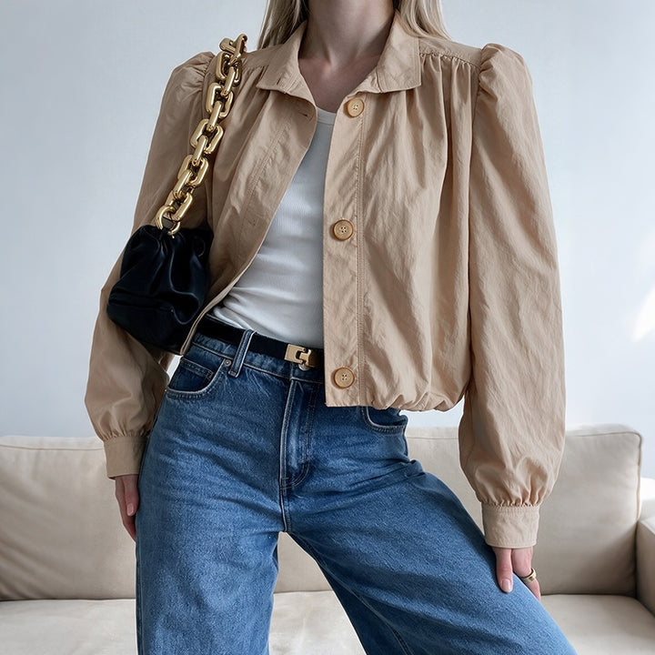 Women Light Short Jacket with Balloon Sleeves, Puff Shoulders & Elastic Hem Mune Fashion