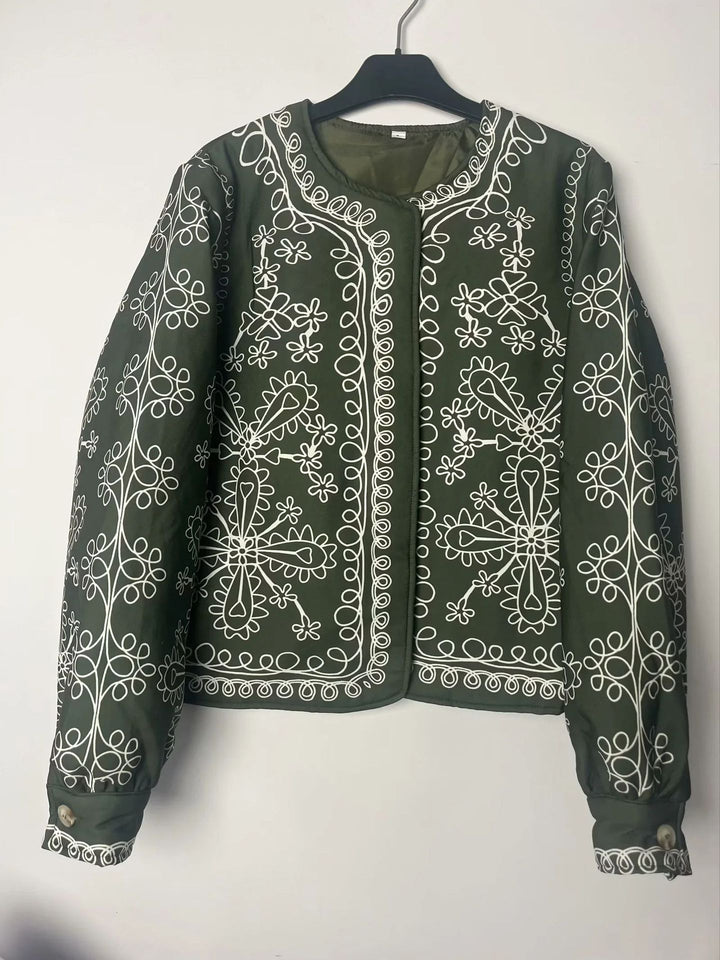 Women's non-quilted short jacket in ornamental bandana print with round neckline and decorative piping Mune Fashion