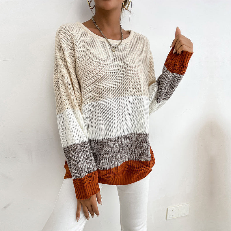 Women Chunky Knit Colorblock Pullover, Oversized with Round Neckline and Extended Cuffs Mune Fashion