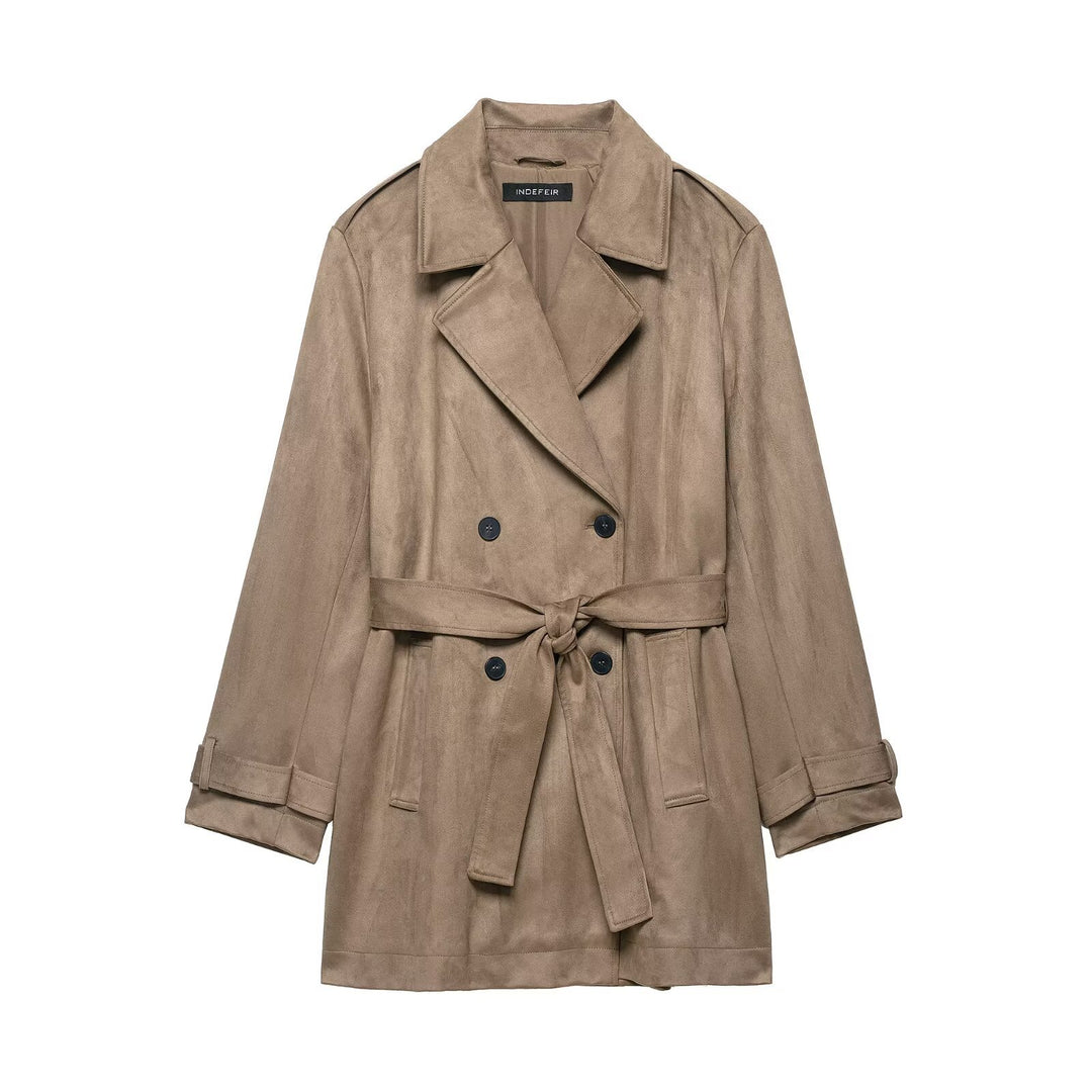 Women's Double Breasted Suede Effect Trench Coat with Waist Belt Mune Fashion
