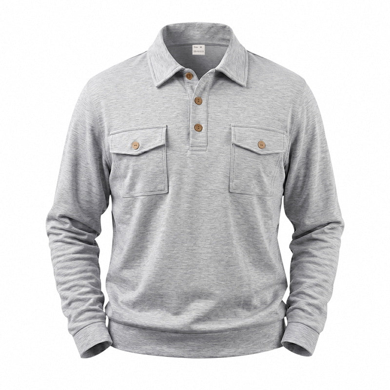 Men's Long Sleeve Polo Shirt with Button Placket and Patch Pockets Mune Fashion