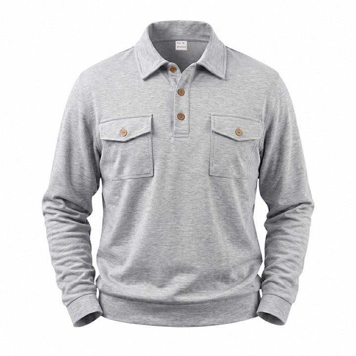 Men's Long Sleeve Polo Shirt with Button Placket and Patch Pockets Mune Fashion