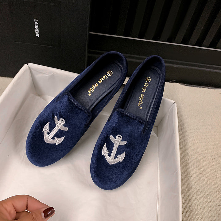 Ladies Velvet Slippers with Sun Embroidery and Gold Heel Cap Mune Fashion