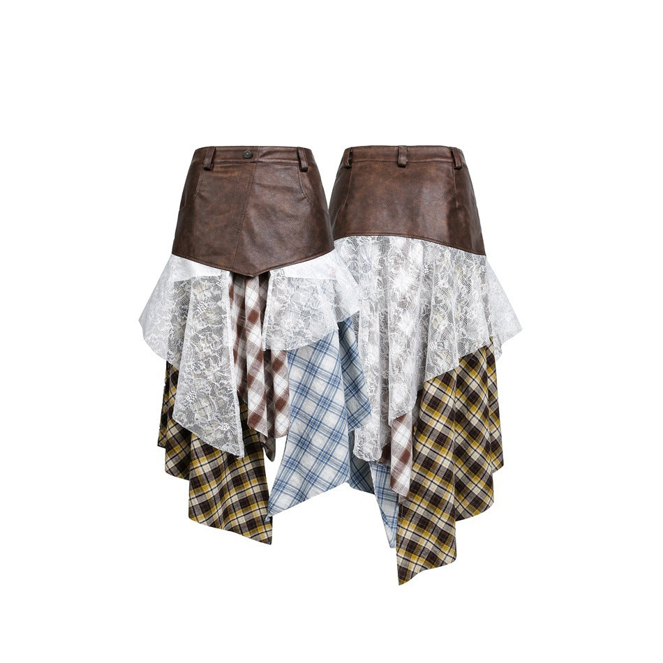 Women Asymmetrical Layered Skirt with Faux Leather Waistband and Plaid Mix Mune Fashion