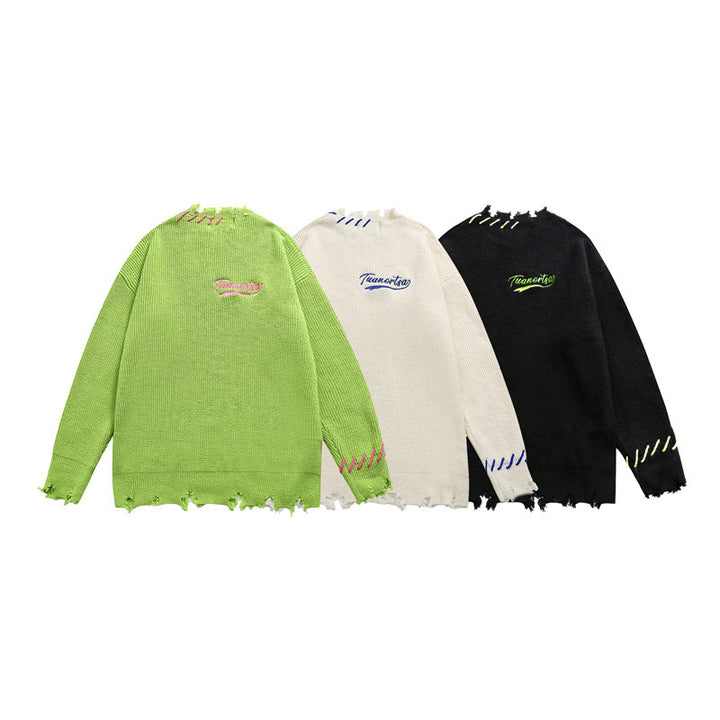 Unisex Oversize Chunky Knit Sweater with Destroy Effect and Decorative Seams Mune Fashion
