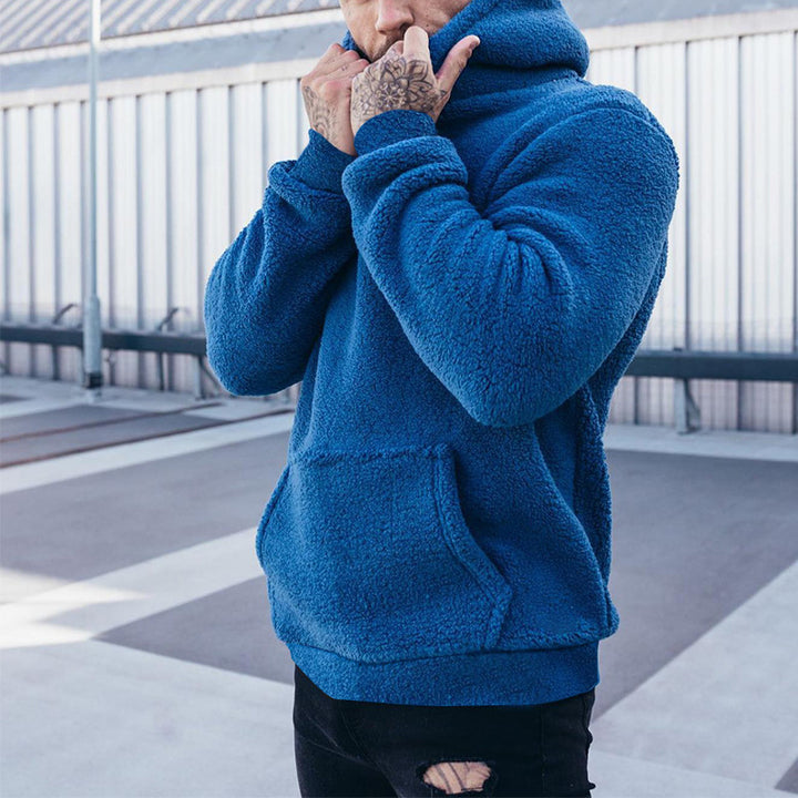 Men's cozy Sherpa hoodie with kangaroo pocket and high collar Mune Fashion