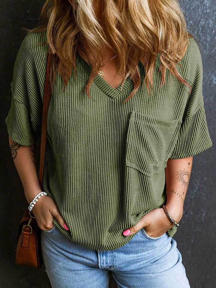 Women's Casual Ribbed Oversized T-Shirt with V-Neck and Breast Pocket Mune Fashion
