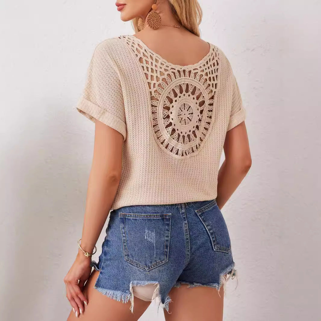 Women's airy knitted short-sleeve top with crocheted mandala back insert Mune Fashion