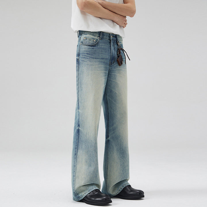 Men's Low-Rise Flowing Denim Flared Pants with Extended Hem and Used Finish Mune Fashion