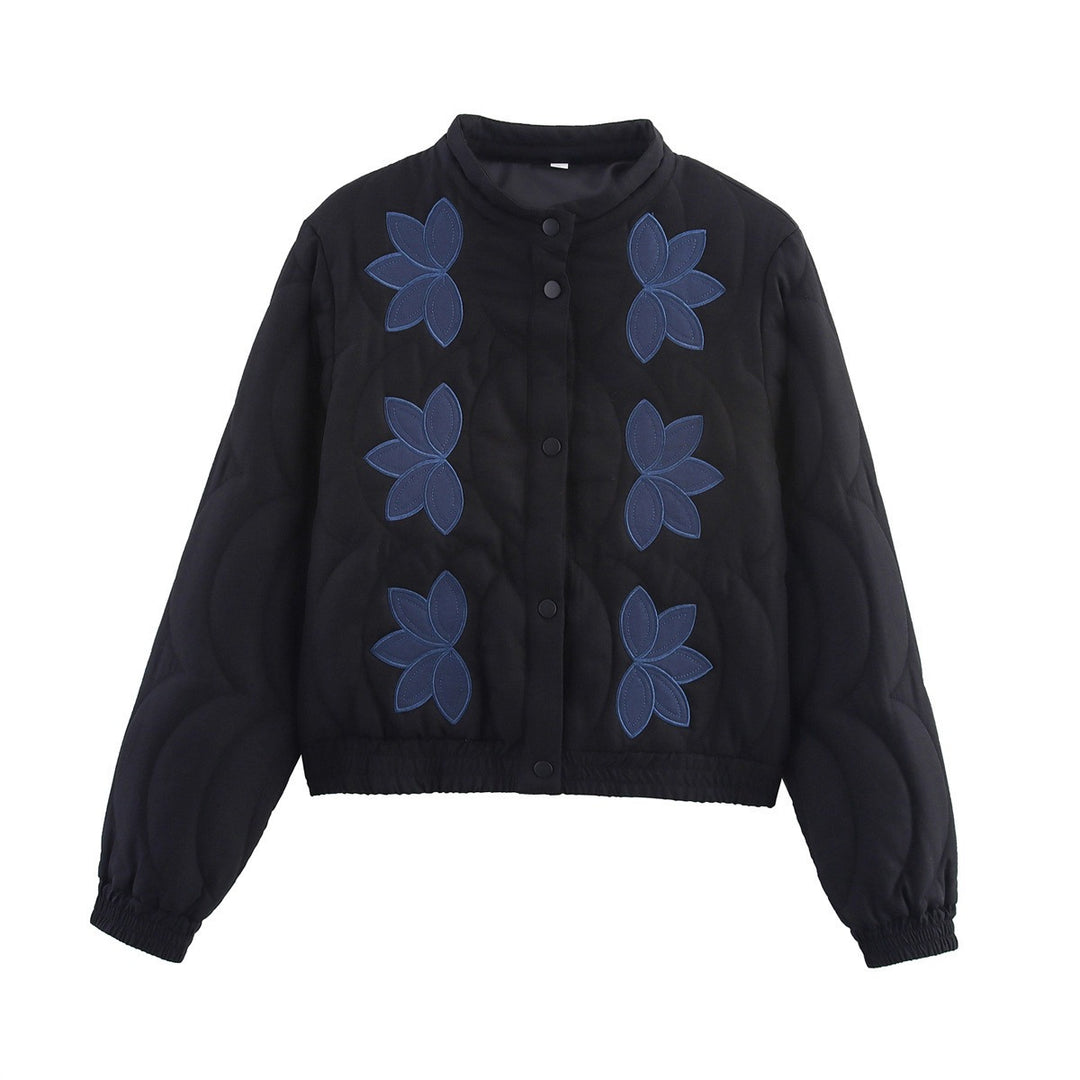 Women's Short Cut Quilted Jacket with Flower Applique and Stand-Up Collar Mune Fashion