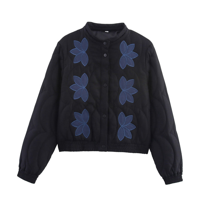 Women's Short Cut Quilted Jacket with Flower Applique and Stand-Up Collar Mune Fashion