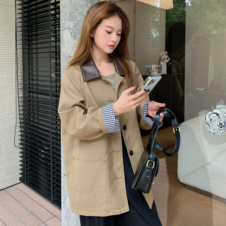 Women Lightweight Oversized Transition Jacket with Contrast Collar and Checkered Sleeve Hem Mune Fashion